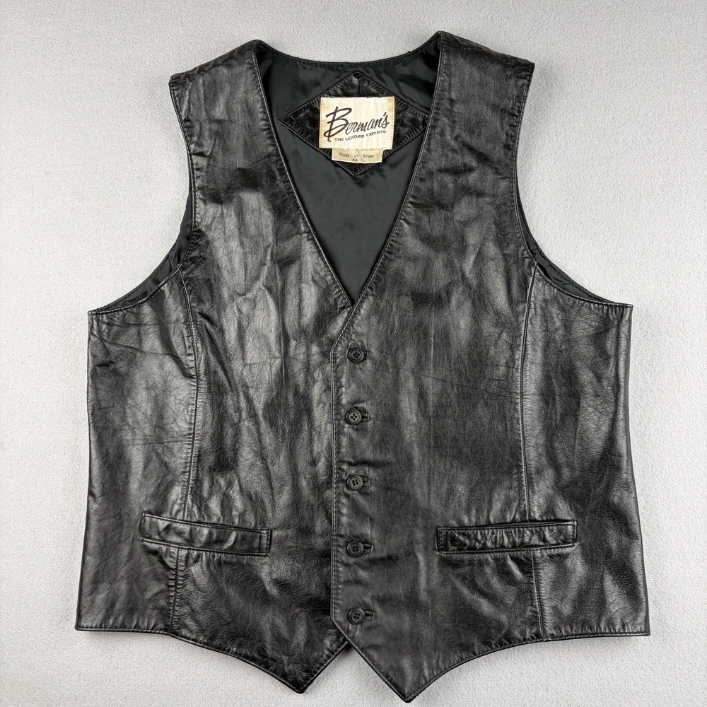 Vintage Bermans Leather Vest Men's 44 Black Genuine Leather Made in Korea Biker